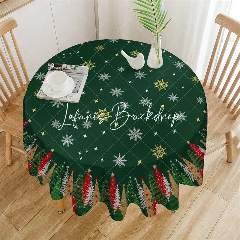 Lofaris Dark Green Christmas Tree and Snowflake Pattern Round Tablecloth Festive Holiday Winter Party Decor