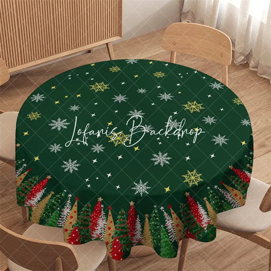 Lofaris Dark Green Christmas Tree and Snowflake Pattern Round Tablecloth Festive Holiday Winter Party Decor