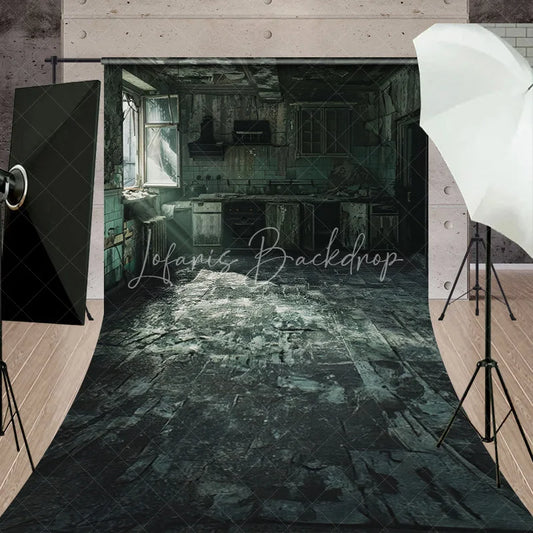 Lofaris Dark Green Distressed Abandoned Kitchen Sweep Backdrop Broken Window Light Ray Photography Prop