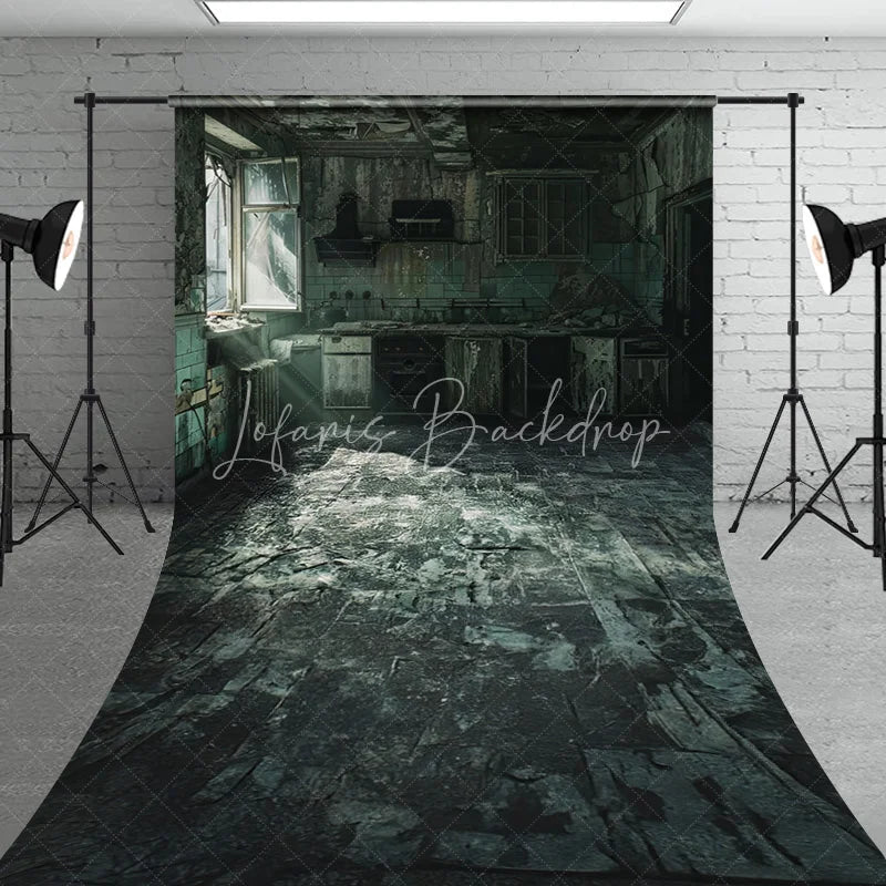 Lofaris Dark Green Distressed Abandoned Kitchen Sweep Backdrop Broken Window Light Ray Photography Prop