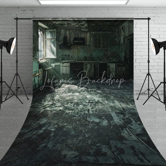 Lofaris Dark Green Distressed Abandoned Kitchen Sweep Backdrop Broken Window Light Ray Photography Prop