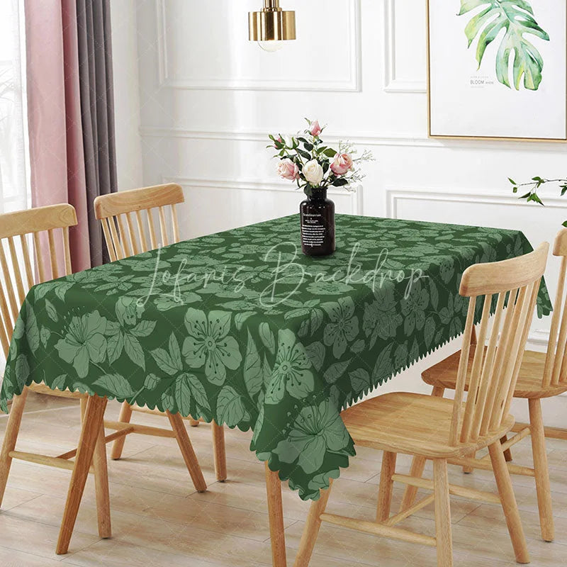 Lofaris Dark Green Floral Leaf Outline Pattern Rectangle Tablecloth Elegant Botanical Dining Decor Washable Kitchen Table Cover
