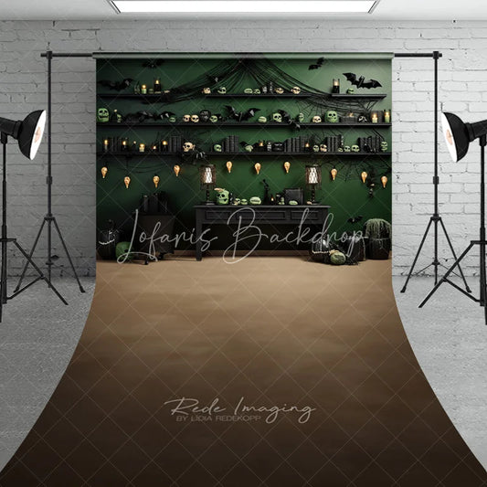 Lofaris Dark Green Gothic Halloween Decor Sweep Backdrop with Eerie Skulls Bats and Spiderwebs featuring Warm String Lights