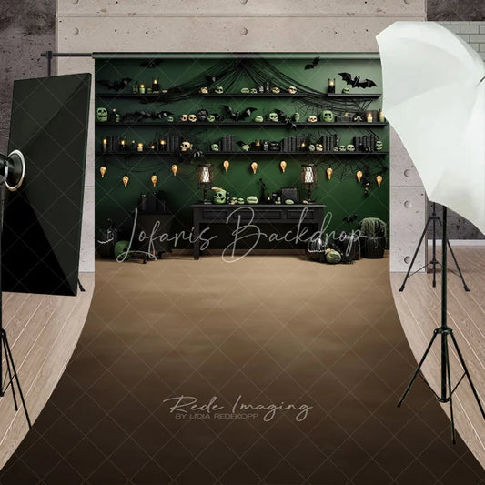 Lofaris Dark Green Gothic Halloween Decor Sweep Backdrop with Eerie Skulls Bats and Spiderwebs featuring Warm String Lights
