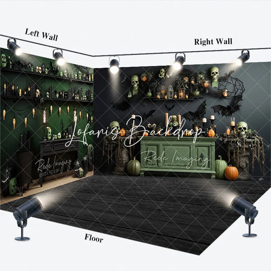 Lofaris Dark Green Halloween Room Set Backdrop with Spooky Skulls Pumpkins and Bats Gothic Party Decor