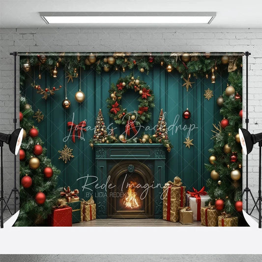 Lofaris Dark Green Wall Christmas Backdrop Fireplace Tree Red Ornament Background Vintage Living Room Holiday Party Decoration