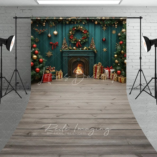 Lofaris Dark Green Wall Christmas Sweep Backdrop Fireplace Tree Red Ornament Background Vintage Living Room Holiday Party Decoration