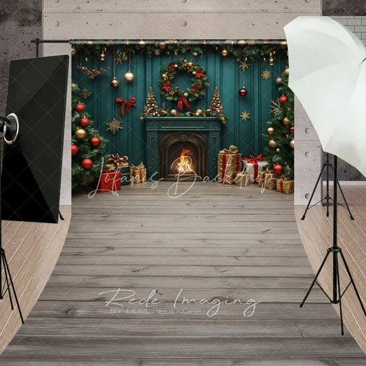 Lofaris Dark Green Wall Christmas Sweep Backdrop Fireplace Tree Red Ornament Background Vintage Living Room Holiday Party Decoration