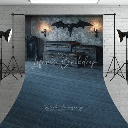Lofaris Dark Grey Gothic Halloween Sweep Backdrop with Bat Winged Skull and Ornate Chests Elegant Spooky Party Decor
