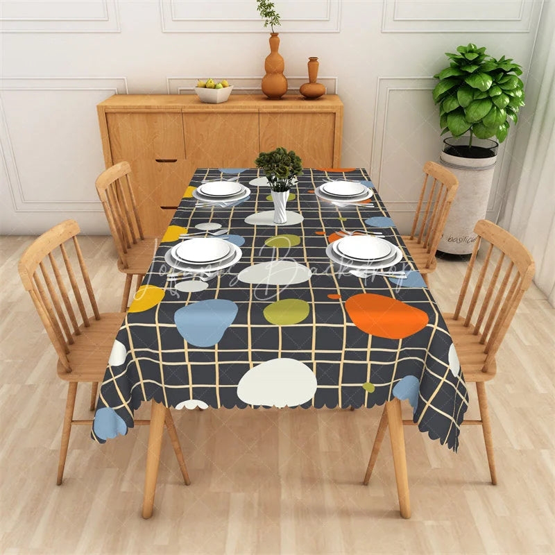Lofaris Dark Grey Rectangle Tablecloth with Colorful Abstract Blobs and Grid Pattern Modern Scalloped Edge Decor