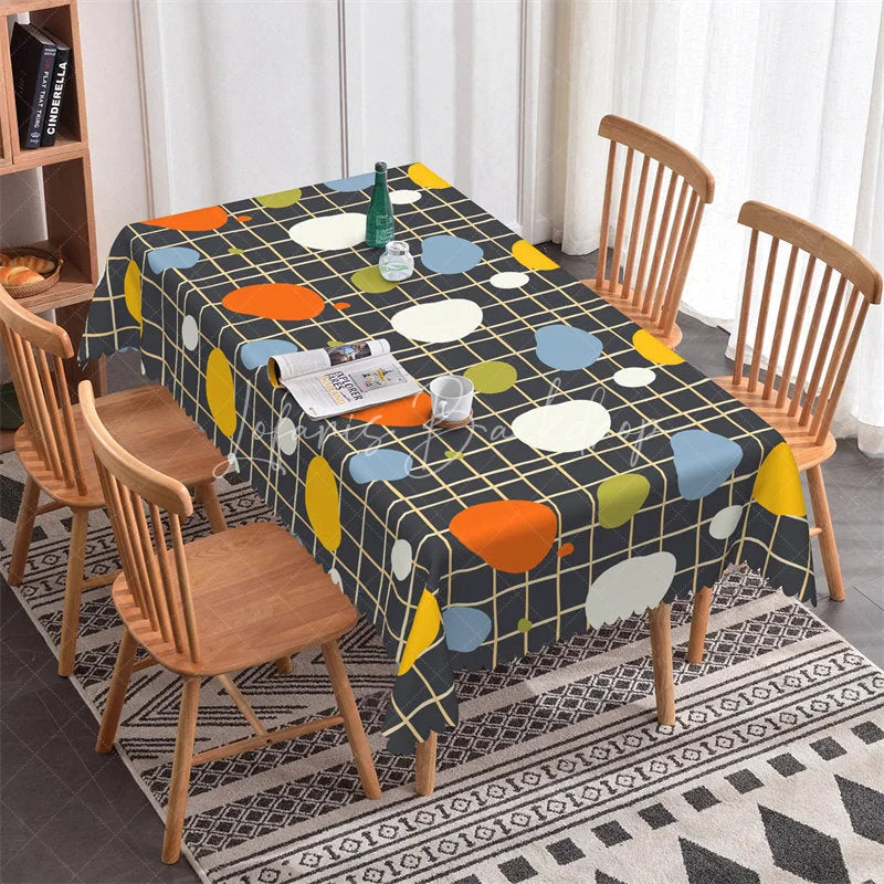 Lofaris Dark Grey Rectangle Tablecloth with Colorful Abstract Blobs and Grid Pattern Modern Scalloped Edge Decor