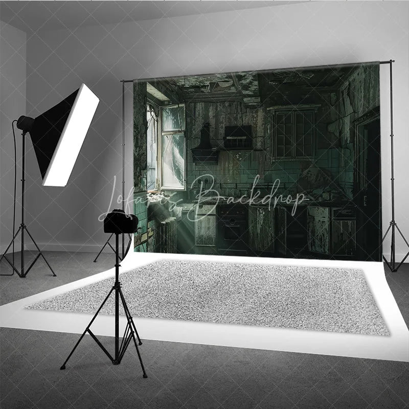 Lofaris Dark Grunge Ruined Kitchen Photography Backdrop with Broken Window and Peeling Paint Urban Decay Industrial Theme