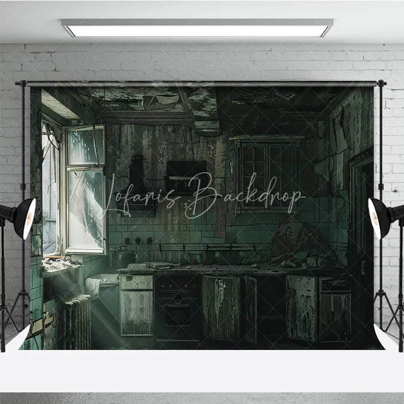 Lofaris Dark Grunge Ruined Kitchen Photography Backdrop with Broken Window and Peeling Paint Urban Decay Industrial Theme