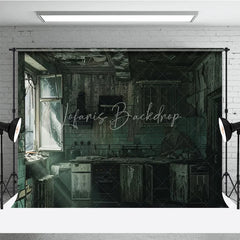 Lofaris Dark Grunge Ruined Kitchen Photography Backdrop with Broken Window and Peeling Paint Urban Decay Industrial Theme