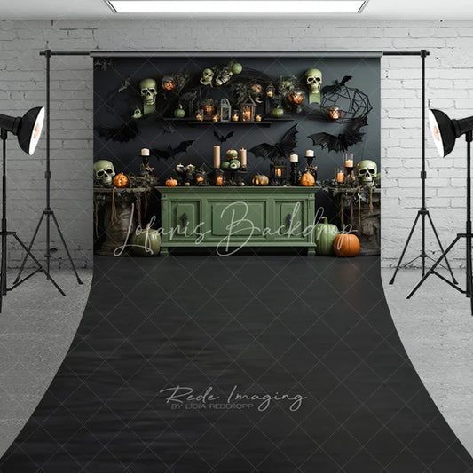 Lofaris Dark Halloween Spooky Skulls and Pumpkins Sweep Backdrop Gothic Bats Candles Party Decor