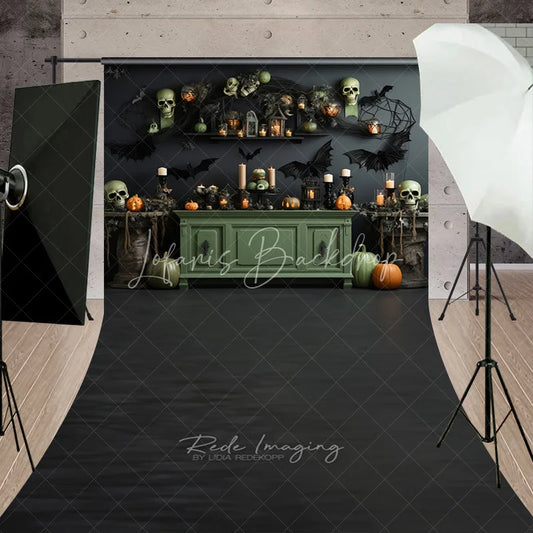 Lofaris Dark Halloween Spooky Skulls and Pumpkins Sweep Backdrop Gothic Bats Candles Party Decor