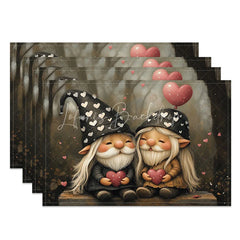 Lofaris Dark Hat Gnome Couple Set of 4 Placemats Forest Heart Valentine Decoration Whimsical Love Dining Table Mat