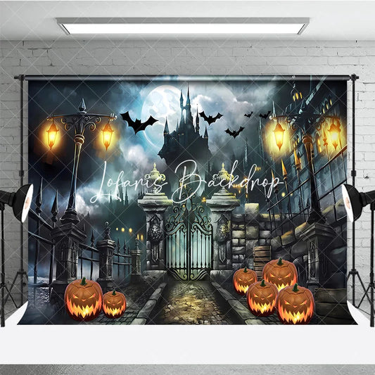 Lofaris Dark Haunted Castle and Full Moon Halloween Holiday Backdrop Featuring Flying Bats Glowing Jack-o’-Lanterns