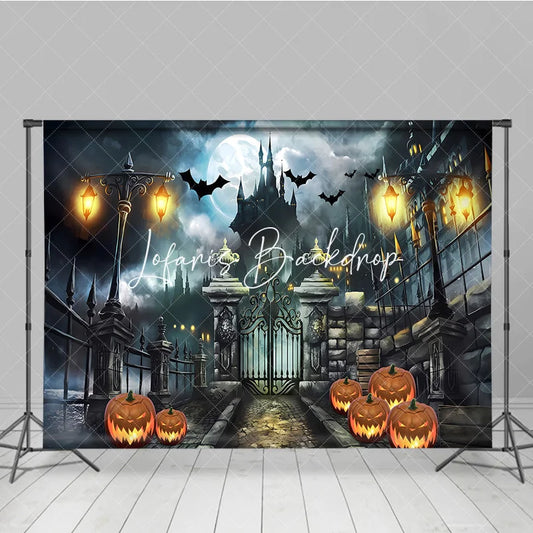 Lofaris Dark Haunted Castle and Full Moon Halloween Holiday Backdrop Featuring Flying Bats Glowing Jack-o’-Lanterns