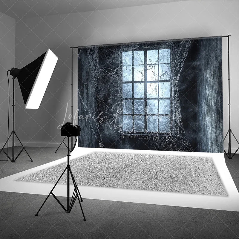 Lofaris Dark Haunted Window with Spiderwebs Holiday Backdrop Eerie Gothic Halloween Party Decor