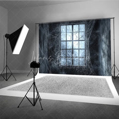 Lofaris Dark Haunted Window with Spiderwebs Holiday Backdrop Eerie Gothic Halloween Party Decor