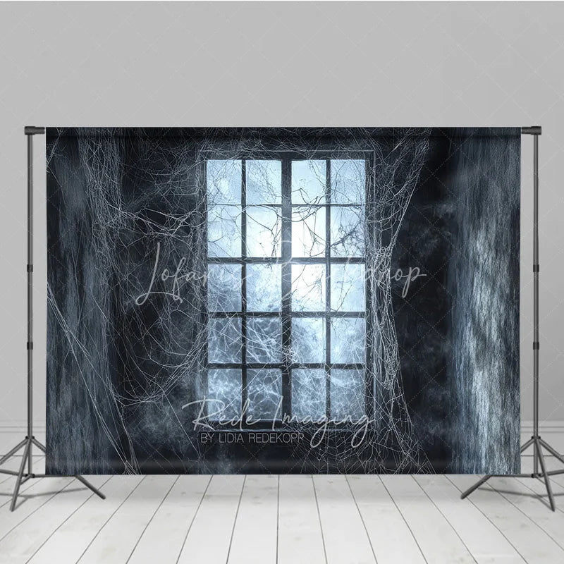 Lofaris Dark Haunted Window with Spiderwebs Holiday Backdrop Eerie Gothic Halloween Party Decor