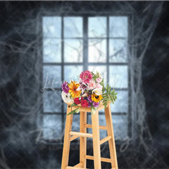Lofaris Dark Haunted Window with Spiderwebs Holiday Backdrop Eerie Gothic Halloween Party Decor