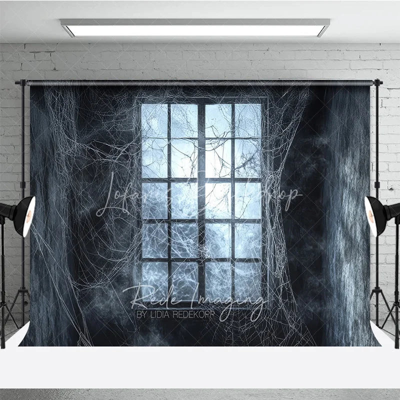 Lofaris Dark Haunted Window with Spiderwebs Holiday Backdrop Eerie Gothic Halloween Party Decor