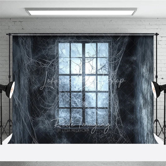 Lofaris Dark Haunted Window with Spiderwebs Holiday Backdrop Eerie Gothic Halloween Party Decor