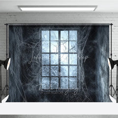 Lofaris Dark Haunted Window with Spiderwebs Holiday Backdrop Eerie Gothic Halloween Party Decor