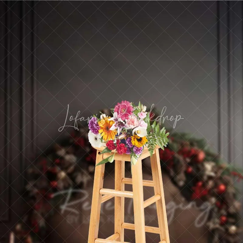 Lofaris Dark Moody Christmas Bed Backdrop Leather Headboard Pine Cone Garland Black Wall Photo Background