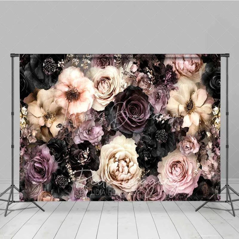 Lofaris Dark Moody Floral Photography Backdrop Black Pink Roses Gold Glitter Background Vintage Gothic Photo Prop