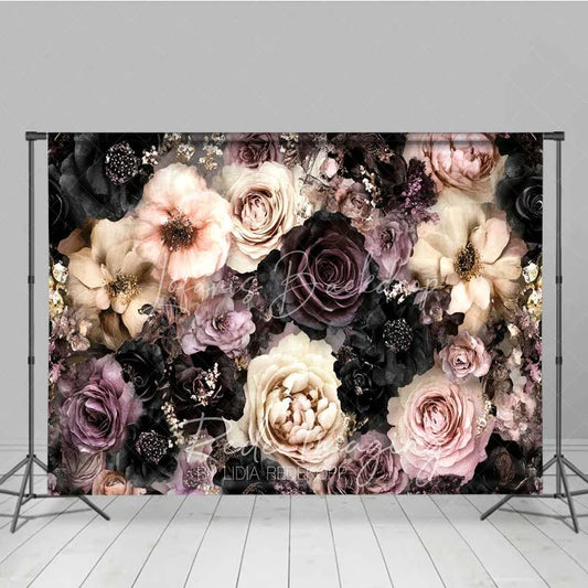 Lofaris Dark Moody Floral Photography Backdrop Black Pink Roses Gold Glitter Background Vintage Gothic Photo Prop