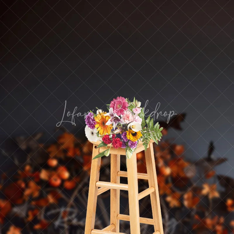 Lofaris Dark Moody Halloween Orange Pumpkin and Autumn Leaves Photography Backdrop Festive Fall Season Decor