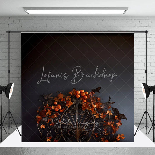 Lofaris Dark Moody Halloween Orange Pumpkin and Autumn Leaves Photography Backdrop Festive Fall Season Decor