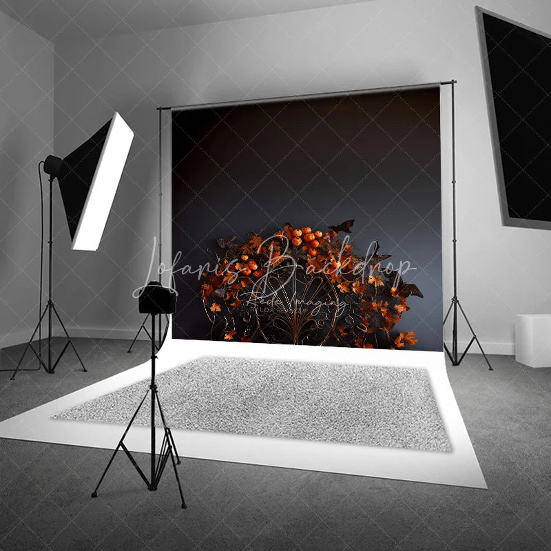 Lofaris Dark Moody Halloween Orange Pumpkin and Autumn Leaves Photography Backdrop Festive Fall Season Decor