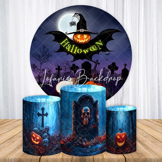 Lofaris Dark Purple Halloween Graveyard Round Backdrop Kit with Witch Hat Pumpkin and Skulls Spooky Party Decor