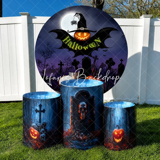 Lofaris Dark Purple Halloween Graveyard Round Backdrop Kit with Witch Hat Pumpkin and Skulls Spooky Party Decor