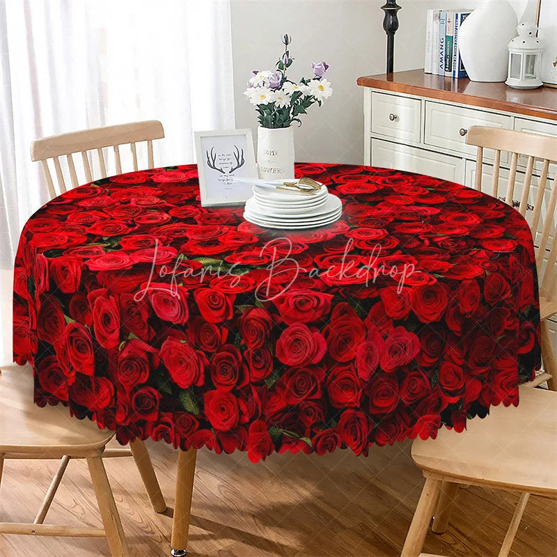 Lofaris Dark Red Rose Round Tablecloth Realistic Flower Bloom Table Cover for Anniversary