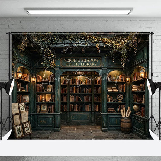 Lofaris Dark Teal Vintage Library Bookshelf Photography Backdrop with Old Books and Lanterns Scholarly Reading Room Decor