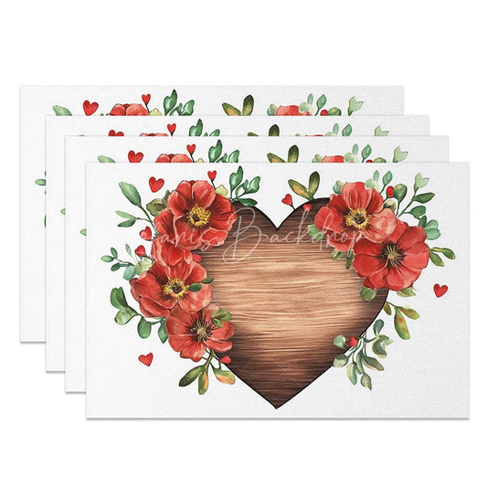 Lofaris Dark Wood Heart Floral Set of 4 Placemats Red Flower Valentine Decoration Rustic Love Dining Table Mat