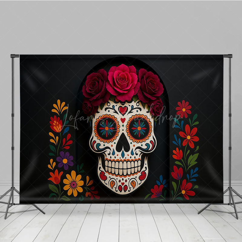 Lofaris Day of the Dead Photography Backdrop Floral Sugar Skull Calavera for Dia de los Muertos Halloween Altar Decor