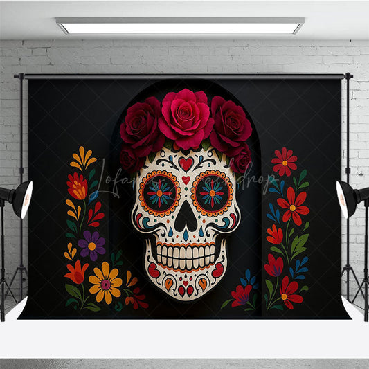 Lofaris Day of the Dead Photography Backdrop Floral Sugar Skull Calavera for Dia de los Muertos Halloween Altar Decor