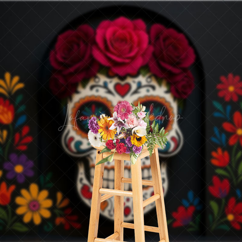 Lofaris Day of the Dead Photography Backdrop Floral Sugar Skull Calavera for Dia de los Muertos Halloween Altar Decor