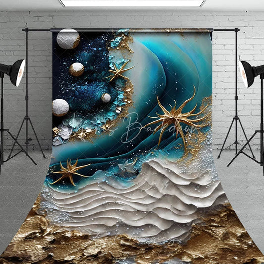 Lofaris Deep Blue and Gold Abstract Ocean Waves Sweep Backdrop with Sparkling Starfish Elegant Photography Studio Decor