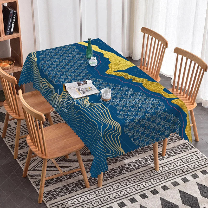 Lofaris Deep Blue and Gold Abstract Wave Rectangle Tablecloth Elegant Spiral Pattern for Modern Dining Decor