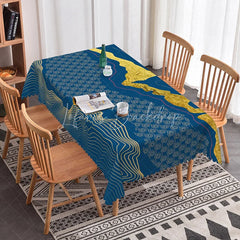 Lofaris Deep Blue and Gold Abstract Wave Rectangle Tablecloth Elegant Spiral Pattern for Modern Dining Decor