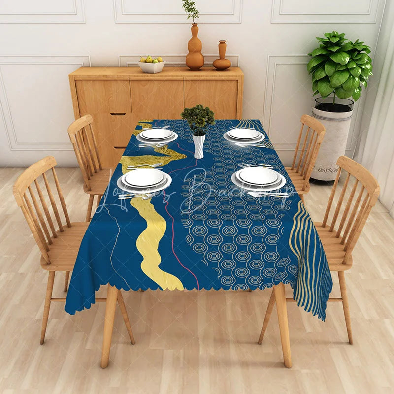 Lofaris Deep Blue and Gold Abstract Wave Rectangle Tablecloth Elegant Spiral Pattern for Modern Dining Decor