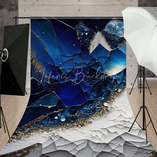 Lofaris Deep Blue and Gold Glitter Abstract Sweep Backdrop Luxurious Geometric Mosaic Design for Photography