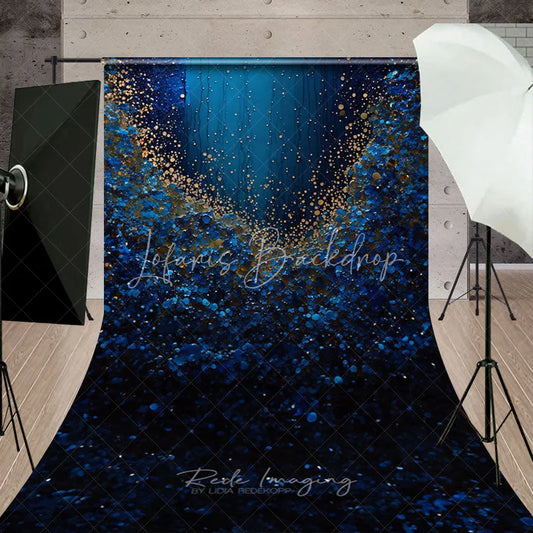 Lofaris Deep Blue and Golden Glitter Shimmer Sweep Backdrop Elegant Abstract Party Photography Background